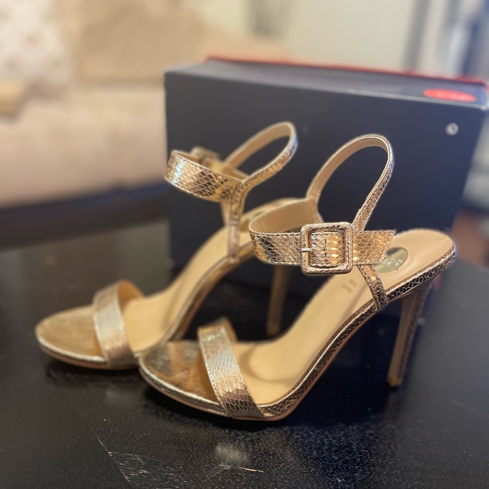 Gorgeous Gold leather high heels snake size 40 by Tsakiris Mallas worn once.